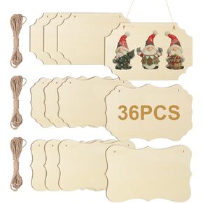 36 Pcs Blank Hanging Wood Signs for Crafts, 8.8 x 5.7 Inch Blank Wooden Signs with Ropes, Unfinished Wood Plaque for Crafts, Home Decoration, Christmas(3 Style)