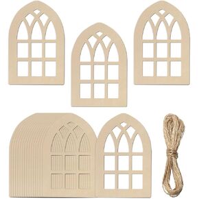 20pcs Wooden Window Shaped DIY Craft Cutouts Window Unfinished Wood Tags with Ropes Ornaments for Wedding Home Christmas Party Decoration