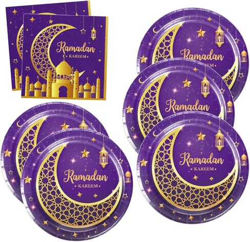 Egami 48pcs لوازم الحفلات رمضان ، تشمل 24 لوحة حلوى ، 24 مناديل ، مستلزمات زخرفة الحزب رمضان لزينة حزب رمضان (البنفسجي) in Kuwait