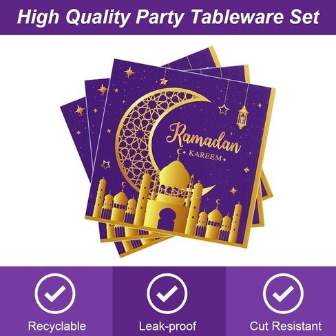 Egami 48pcs لوازم الحفلات رمضان ، تشمل 24 لوحة حلوى ، 24 مناديل ، مستلزمات زخرفة الحزب رمضان لزينة حزب رمضان (البنفسجي) in Kuwait