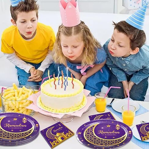 Egami 48pcs لوازم الحفلات رمضان ، تشمل 24 لوحة حلوى ، 24 مناديل ، مستلزمات زخرفة الحزب رمضان لزينة حزب رمضان (البنفسجي) in Kuwait