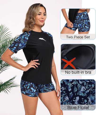 مجموعة Halcurt للسيدات بأكمام قصيرة مكونة من قطعتين من Rash Guard، قميص سباحة بعامل حماية من الأشعة فوق البنفسجية 50 مع شورت قصير in Kuwait