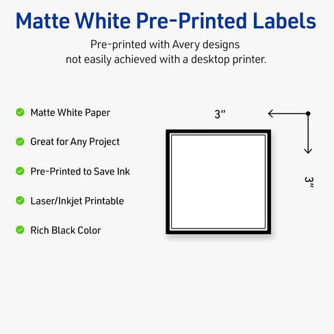 Avery Printable Square Labels, Double Black Border, 3" x 3", Matte White Square Labels, Permanent, Laser/Inkjet, 60ct, Great for Product Labels in Saudi Arabia