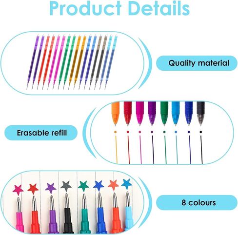 0.7 mm Erasable Gel Ink Pen Refills Compatible with Frixion Friction, 8 Colors Multicolor Retractable Fine Point Pen Refill (Blue、Black、Red、Green、Orange、Lake Blue、Purple、Rose Red) (8Color, 24) in Saudi Arabia