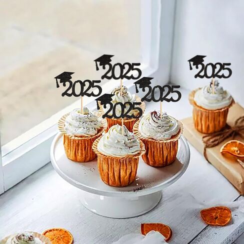 graduation cupcake toppers 2025, Food/Appetizer Picks For Graduation Party Mini Cake Decorations, 2025, Cupcake Toppers, Graduation 24Pieces (Black) in Saudi Arabia