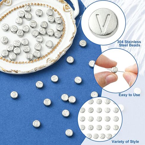 LiQunSweet 7MM 52 pcs 26 Styles Letter Theme 304 Stainless Steel Beads Metal Flat Round with Alphabet Initial Loose Spacer Beads for DIY Jewelry Necklace Bracelet Making Craft in Saudi Arabia