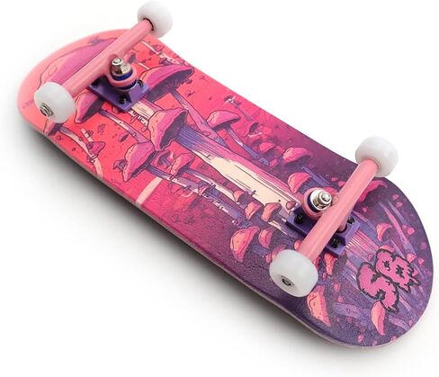 SPITBOARDS® 34 x 96 mm Wood Fingerboard Complete Set-Up, Pre Assembled, 5-Layers Wood, Pro Trucks with Lock Nuts, CNC Bearing Wheels, Real Wear Graphics, Lasered Foam Grip Tape, Pink Mushrooms in Saudi Arabia