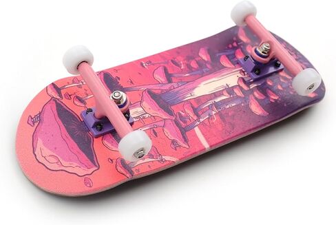 SPITBOARDS® 34 x 96 mm Wood Fingerboard Complete Set-Up, Pre Assembled, 5-Layers Wood, Pro Trucks with Lock Nuts, CNC Bearing Wheels, Real Wear Graphics, Lasered Foam Grip Tape, Pink Mushrooms in Saudi Arabia