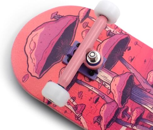 SPITBOARDS® 34 x 96 mm Wood Fingerboard Complete Set-Up, Pre Assembled, 5-Layers Wood, Pro Trucks with Lock Nuts, CNC Bearing Wheels, Real Wear Graphics, Lasered Foam Grip Tape, Pink Mushrooms in Saudi Arabia