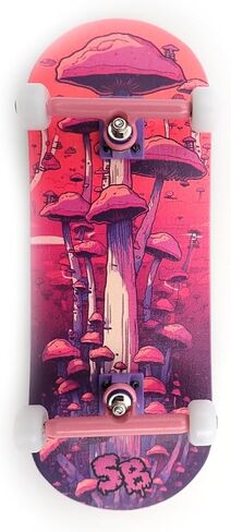 SPITBOARDS® 34 x 96 mm Wood Fingerboard Complete Set-Up, Pre Assembled, 5-Layers Wood, Pro Trucks with Lock Nuts, CNC Bearing Wheels, Real Wear Graphics, Lasered Foam Grip Tape, Pink Mushrooms in Saudi Arabia
