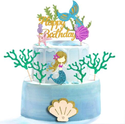 Alissar Glitter Mermaid موضوع كعكة عيد ميلاد Topper مع الأعشاب البحرية ، القبعات الكب كيك الكعك للبنات حورية البحر ديكورات كعكة عيد ميلاد (أسود) in Kuwait