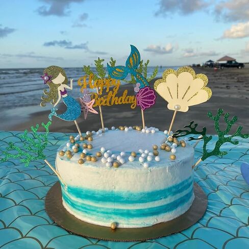 Alissar Glitter Mermaid موضوع كعكة عيد ميلاد Topper مع الأعشاب البحرية ، القبعات الكب كيك الكعك للبنات حورية البحر ديكورات كعكة عيد ميلاد (أسود) in Kuwait