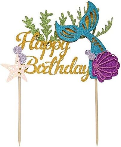 Alissar Glitter Mermaid موضوع كعكة عيد ميلاد Topper مع الأعشاب البحرية ، القبعات الكب كيك الكعك للبنات حورية البحر ديكورات كعكة عيد ميلاد (أسود) in Kuwait