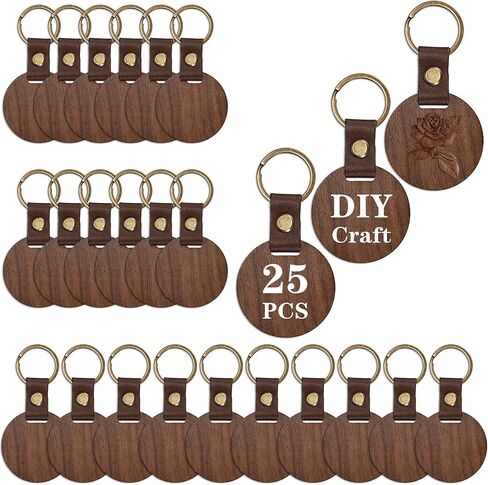 25 Pieces Wooden Keychain Blanks, Round Engraving Blanks Key Chain with Leather Strap Keyring Personalized Unfinished Blank Key Ring Tag for DIY Crafts Gift Accessories, 25 Pcs-Round in Saudi Arabia