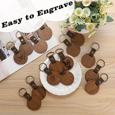 25 Pieces Wooden Keychain Blanks, Round Engraving Blanks Key Chain with Leather Strap Keyring Personalized Unfinished Blank Key Ring Tag for DIY Crafts Gift Accessories, 25 Pcs-Round in Saudi Arabia