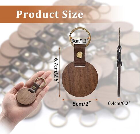 25 Pieces Wooden Keychain Blanks, Round Engraving Blanks Key Chain with Leather Strap Keyring Personalized Unfinished Blank Key Ring Tag for DIY Crafts Gift Accessories, 25 Pcs-Round in Saudi Arabia