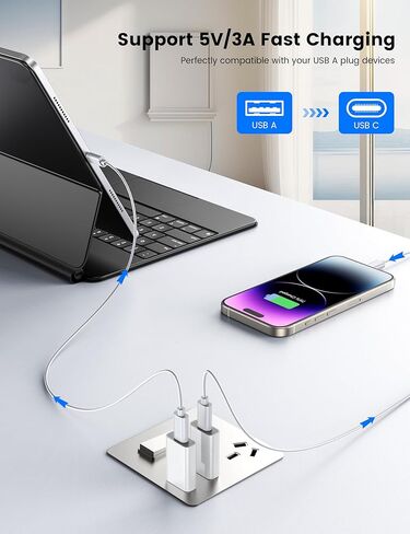 محول MOSWAG USB إلى USB C، محول USB C أنثى إلى USB ذكر متوافق مع Apple MagSafe Watch 9/8/7/SE/Ultra، لهاتف iPhone 15 14 13 12 Mini Pro Max، iPad، Galaxy Note، Pixel، CarPlay، قابس الحائط in Kuwait