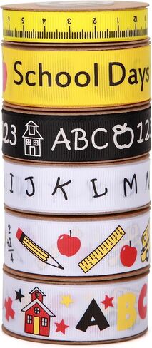 Back to School Themed Grosgrain Ribbon Ruler School Bus Apple ABC Pencil Backpack Books Chalkboard Printed Craft Ribbons for Teacher Appreciation,Wreath,Gift Wrapping (6 Rolls 30yards) in Kuwait