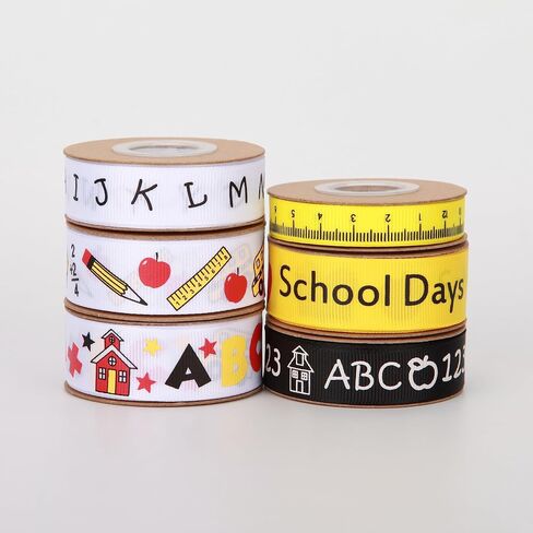 Back to School Themed Grosgrain Ribbon Ruler School Bus Apple ABC Pencil Backpack Books Chalkboard Printed Craft Ribbons for Teacher Appreciation,Wreath,Gift Wrapping (6 Rolls 30yards) in Kuwait