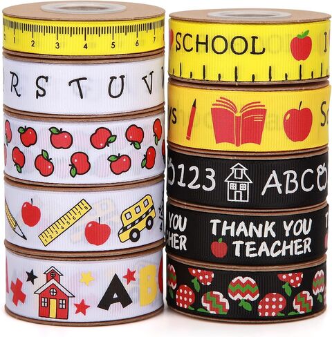 Back to School Themed Grosgrain Ribbon Ruler School Bus Apple ABC Pencil Backpack Books Chalkboard Printed Craft Ribbons for Teacher Appreciation,Wreath,Gift Wrapping (6 Rolls 30yards) in Kuwait