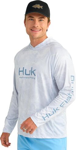 سترة بقلنسوة بنمط Pursuit للرجال من HUK، قميص صيد للحماية من الشمس مع غطاء للرأس، مياه عذبة من Mossy Oak Stormwater in Kuwait