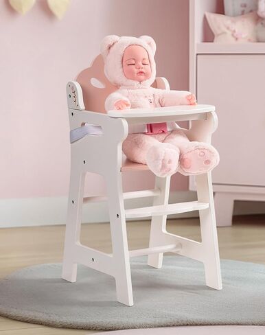 ROBUD Baby Doll High Chair, Pretend Play High Chair with Seat Belt, White Wooden Baby Doll Accessories with Movable Tabletop, Fits 18-20 Inch Dolls, WRP27 in Kuwait