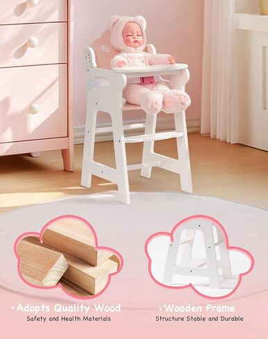 ROBUD Baby Doll High Chair, Pretend Play High Chair with Seat Belt, White Wooden Baby Doll Accessories with Movable Tabletop, Fits 18-20 Inch Dolls, WRP27 in Kuwait