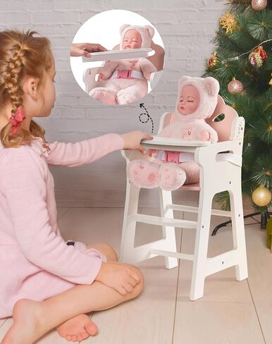 ROBUD Baby Doll High Chair, Pretend Play High Chair with Seat Belt, White Wooden Baby Doll Accessories with Movable Tabletop, Fits 18-20 Inch Dolls, WRP27 in Kuwait