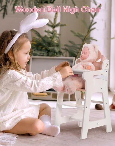ROBUD Baby Doll High Chair, Pretend Play High Chair with Seat Belt, White Wooden Baby Doll Accessories with Movable Tabletop, Fits 18-20 Inch Dolls, WRP27 in Kuwait
