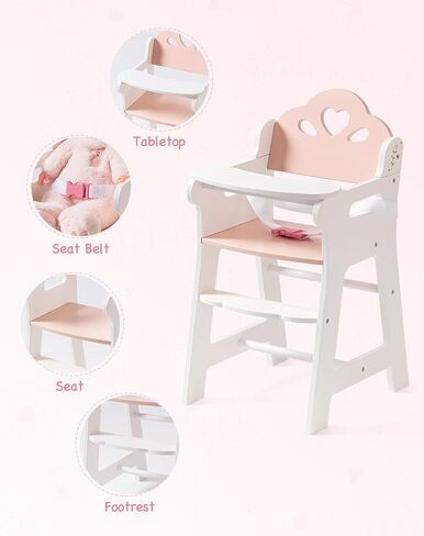 ROBUD Baby Doll High Chair, Pretend Play High Chair with Seat Belt, White Wooden Baby Doll Accessories with Movable Tabletop, Fits 18-20 Inch Dolls, WRP27 in Kuwait