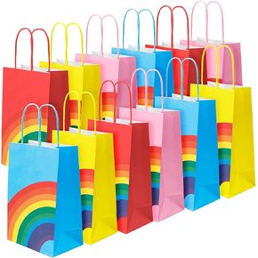 12 Pcs Rainbow Party Paper Bags With Handles 13 x 8 x 22 cm - Kraft Treat Sweet Candy Gift Bags for Kids Party Wedding Birthday Favor Celebrations - 4 Colours