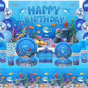 206 Pack Under the Sea Party Supplies Sea Sea Party Table Set - لوحات ، أكواب ، مناديل ، مفرش المائدة ، الخلفية ، البالونات لزخارف حفلة عيد ميلاد الشاطئ الصيفية تحت الماء.