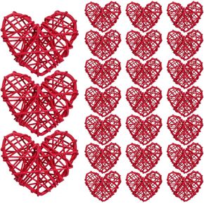 24 Count Heart Wicker Rattan الحلي لشجرة عيد الحب ، حلي القلب الوردي المصغر لشجرة صغيرة ، كرات الخوص الراتان على شكل قلب مزهرية مزهرية لحفل الزفاف ديكور منزل حفل الزفاف