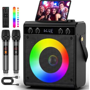 Karaoke Machine with Two Wireless Microphone, Portable Karaoke Machine for Adults & Kids Bluetooth Speaker PA System with LED Light Supports TF Card/USB FM TWS REC AUX in for Home Party