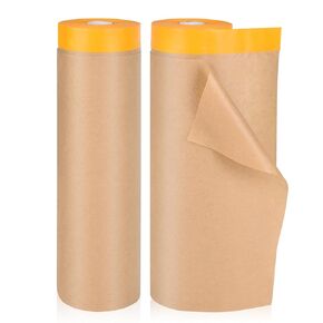 2 Pack Pre-Taped Masking Paper for Painting - 18 inch x 50 feet Tape and Drape Painters Paper, Paint Adhesive Protective Roll for Covering Skirting, Frames, Cars and Auto Body (2 Rolls)