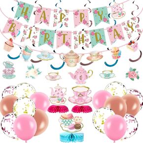 Paneee 33 PCS شاي حفل عيد ميلاد مع لافتة عيد ميلاد سعيد الأزهار ، لافتات إبريق الشاي ، شاي العسل ، القطع المركزية ، دوامة معلقة ، بالونات ملونة للبنات شاي لوازم حفلات الشاي