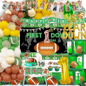183 PCS 1st Year Down Football Birthday Party Decortings ، Seend Year Down Football Decorations for Boys مع Banner في السنة الأولى ، لافتة الصور ، البالونات ، الكعكة توبر ، راية كرسي عالية ....