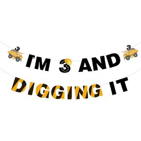 Funmemoir Construction 3rd عيد ميلاد ديكورات حفلات - أنا 3 وحفر لافتة ، Pre -Strung Excavator Banner 3rd Garland Banner ، Dump Truck IM Digging يجري 3 Bday Party