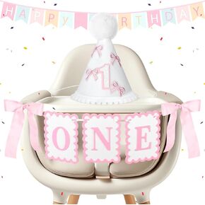 Baby Girl First Birthday Party Decorations Set Pink Bow White Cone Hat One High Chair Banner for Baby Shower Princess 1st Birthday Party Supplies Pink Bow 1st Birthday Home Girls Cake Decor