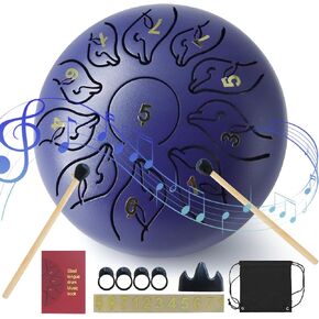 Steel Tongue Drum,6 Inch 8 Notes Steel Hand Drum Sound Healing Instruments with Muic Book, Drum Mallets ，Stickers，Drumstick holder and Carry Bag Percussion Instruments for Yoga, Meditation