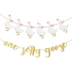 TaoBary One Silly Goose Banner Glitter One Silly Goose Birthday Decor Funny Pink 1st First Birthday Banner for Girl Party Decorations in Kuwait