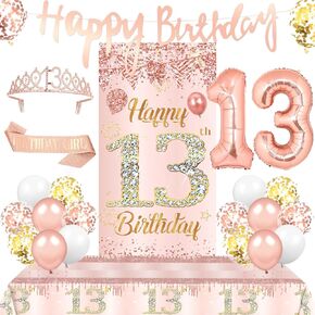22pcs ديكورات عيد ميلاد 13th للفتيات الورود غلاف عيد ميلاد 13th لافتة ، البالونات ، مائدة المائدة ، وشاح و كراون ، وسخرية عيد ميلاد سعيد 13 سنة لوازم الحفلات للفتاة