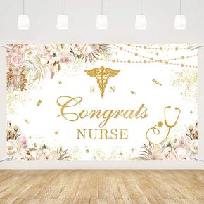 MEHOFOND Congrats Nurse Banner RN Graduation Party Decorations Nurse Graduation Class of Boho 2025 Floral Nursing School Graduation Party Decoration Banner Photo Booth Props 5.9x3.6ft