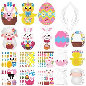 Chuangzhi 72 PCS Decorations Easter-ملصقات مزدوجة على الوجهين ، وبيض عيد الفصح الخشبي وقاطع الأرنب ، وحرف DIY لديكور العطلات ، والاستخدام الداخلي والخارجي