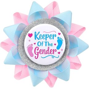 Keeper Of The Gender Button, Gender Reveal Button Pins Reveal Party Favors Boy or Girl, Baby Feet Light Pink and Blue Ribbon Pins for Baby Shower Party Supplies