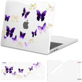 Mosiso متوافق مع MacBook Air 13 بوصة الحالة 2025 2024 2023 2022 M4 A3240 M3 A3113 M2 A2681 ، غلاف وغطاء لوحة المفاتيح البلاستيكي وحماية الشاشة لماك بوك الهواء 13.6 بوصة ، الفراشات الأرجواني