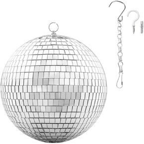 12 Inch Large Disco Ball Decorations, 70's 80's 90's Silver Rotating Glass Mirror Ball Spotlight with Hanging Ring, for Holiday Christmas Party Music Wedding Dance Outdoor