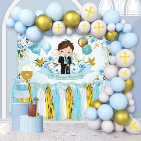 Mi Primera Comunión Decorations for Boys ، 84 PCS POPTISM موضوع البالونات MI Primera Comunión الخلفية الزرقاء الأولى ديكورات الشركة المقدسة.