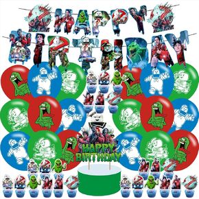 Threemao Ghostbusters حفلات عيد ميلاد لوازم حفلة عيد ميلاد - Ecto Green ، Blue - تشمل لافتة ، Topper Cake ، 12 قبعات كب كيك ، 18 بالونات ، 50 ملصقًا