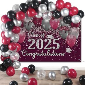 Buryeah التخرج الخلفية مجموعة الديكور مجموعة 2025 GLITTER التخرج التصوير الفوتوغرافي الخلفية اللاتكس البالون تهنئة لافتة خلفية خريج ل DERED GRAD Party Photo Prop Decor (Red and Silver)